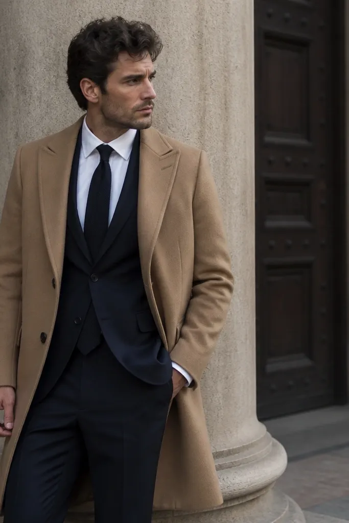 A deep navy long-sleeve shirt-dress with a clean stand collar, hidden buttons, a narrow belt at the waist, and a hem reaching below the knee.