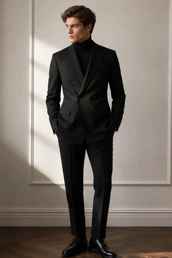 A black long column dress with a minimal neckline, long sleeves, and a smooth drape; it has a subtle satin sheen only when the fabric catches light.