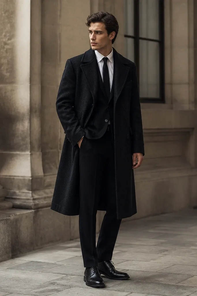 A camel-colored long wrap dress with a shawl collar, thick wool texture, long sleeves, and a hem below the knee.