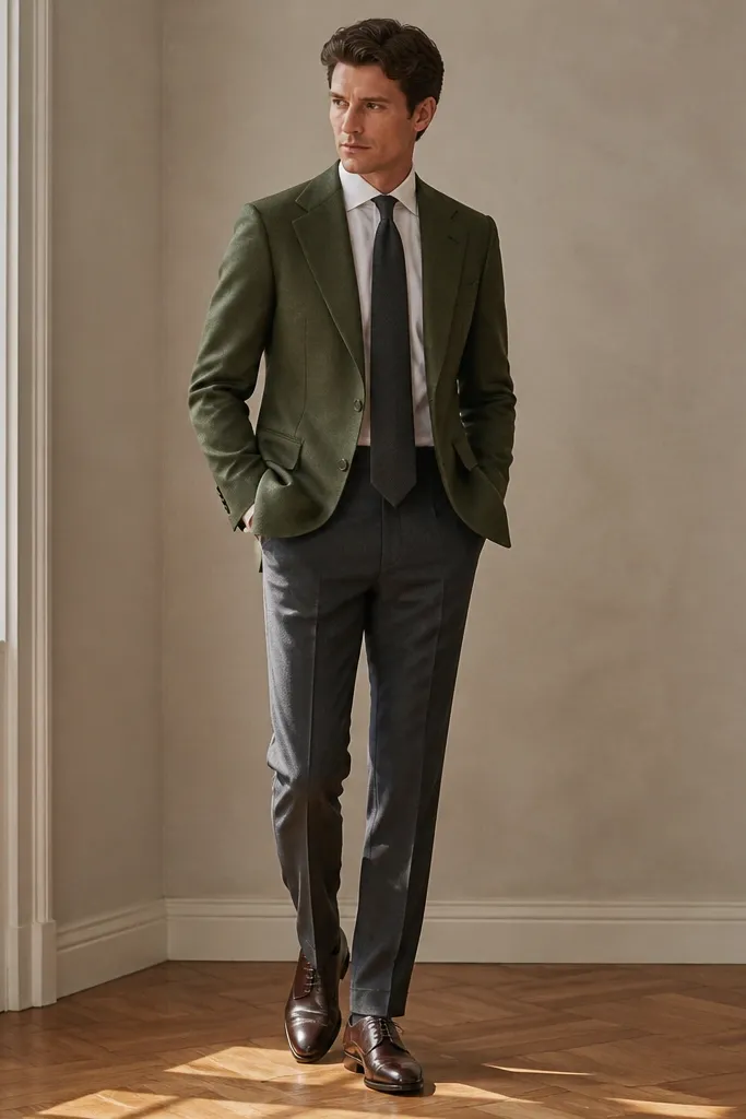 A slate blue long dress with long sleeves and a detachable tie neck accessory; the dress hem reaches mid-calf.