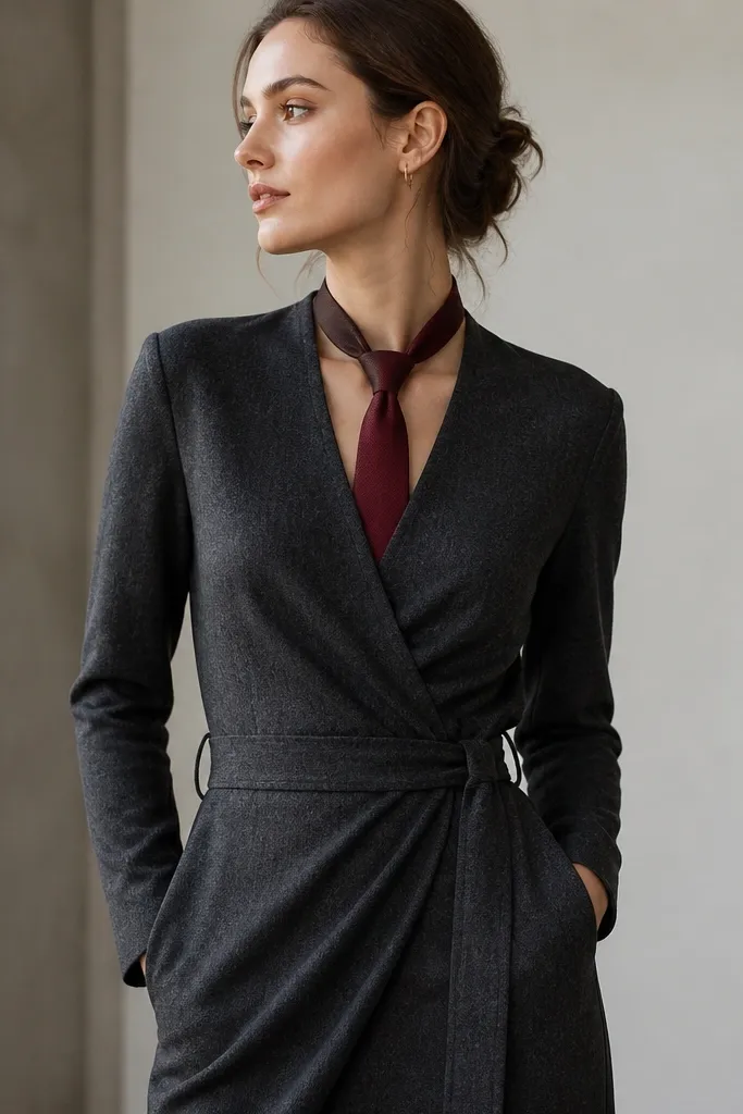 A charcoal wrap-style dress with a V wrap front and belt loops, styled with a deep burgundy tie centered at the chest; the fabric shows fine wool texture.
