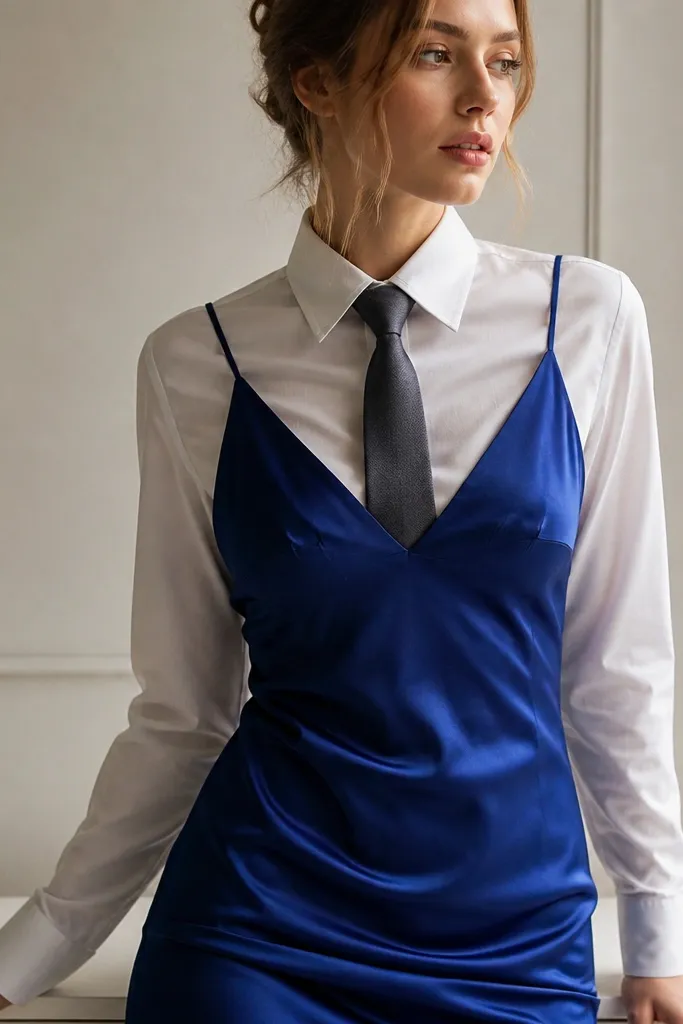 A royal blue satin-look slip dress with thin straps and a deep V front; beneath it, a white dress shirt collar and a neatly knotted tie are visible.