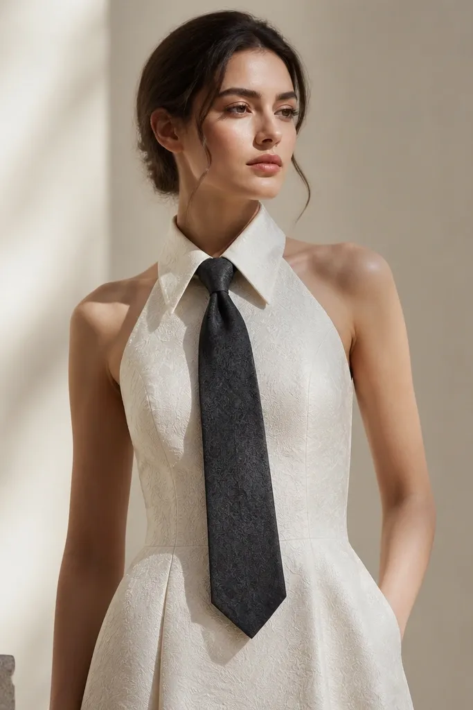 An ivory jacquard-textured formal dress with a structured neckline; a deep charcoal tie is centered, with a subtle pattern visible in the jacquard.