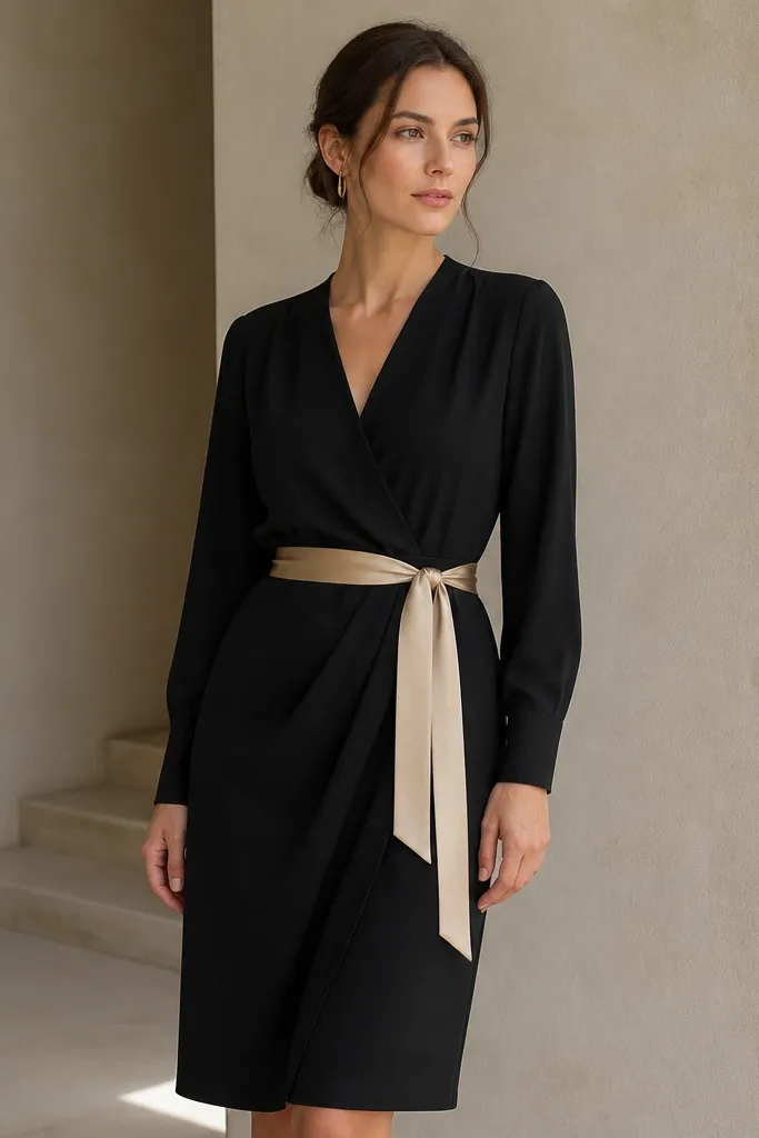 A black crepe wrap dress with a defined waist belt; a pale gold tie is centered and the belt matches the tie tone.