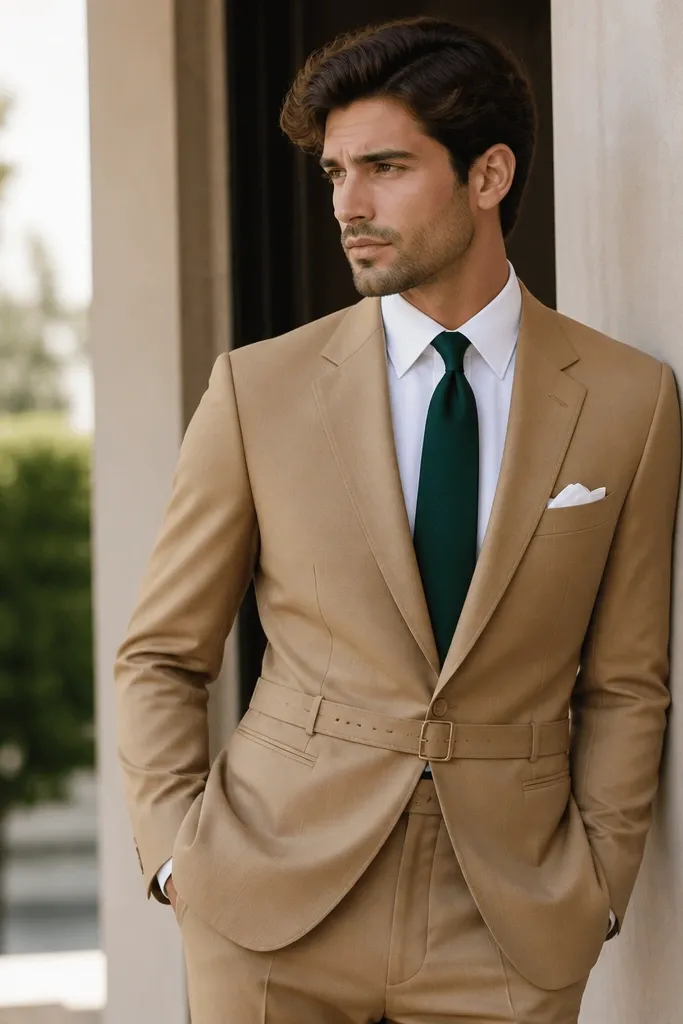 A camel tan formal dress with a clean neckline and belt detail; a dark green tie is knotted; a white pocket square is folded and visible.