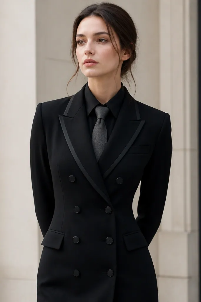 A black double-breasted formal dress with visible button rows and satin-like lapel edging; charcoal tie is centered beneath a structured neckline.