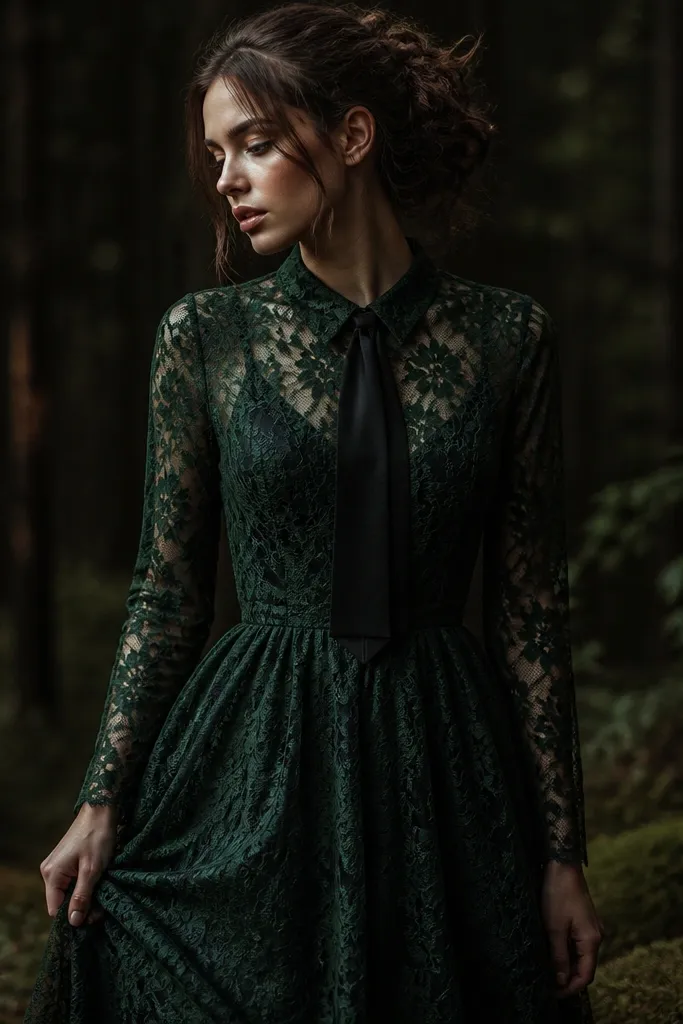 A forest night green lace overlay dress with a darker underlayer visible at the neckline; a black tie is shown in front with the underlay supporting it.