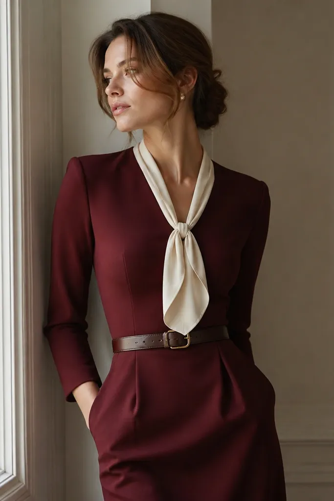 An oxblood red tailored dress with a fitted waist and clean neckline; a cream tie is knotted at the center; a dark brown belt is visible at the waist.