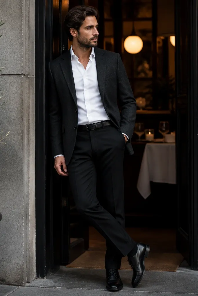A man wearing black tailored trousers with a charcoal wool blazer, a white button-down Oxford shirt with a medium spread collar, and black leather lace-up shoes; belt matches the trousers; background is a restaurant doorway with warm light.