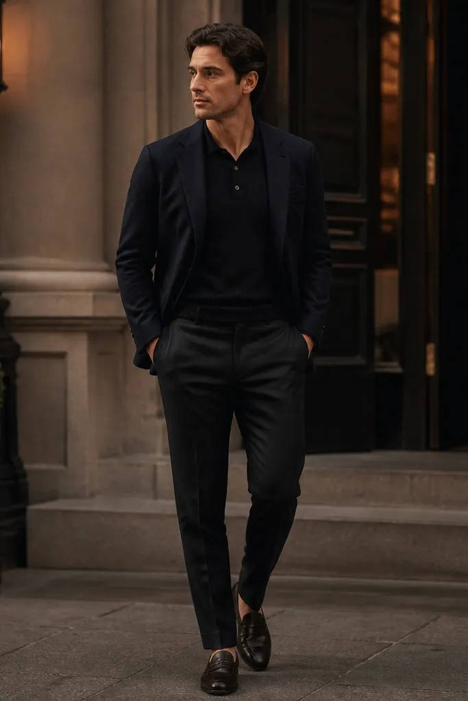 A man styled in black trousers and a navy jacket worn open, with a black knit polo shirt instead of a dress shirt, plus brown-black leather loafers; the lighting is evening and slightly moody.