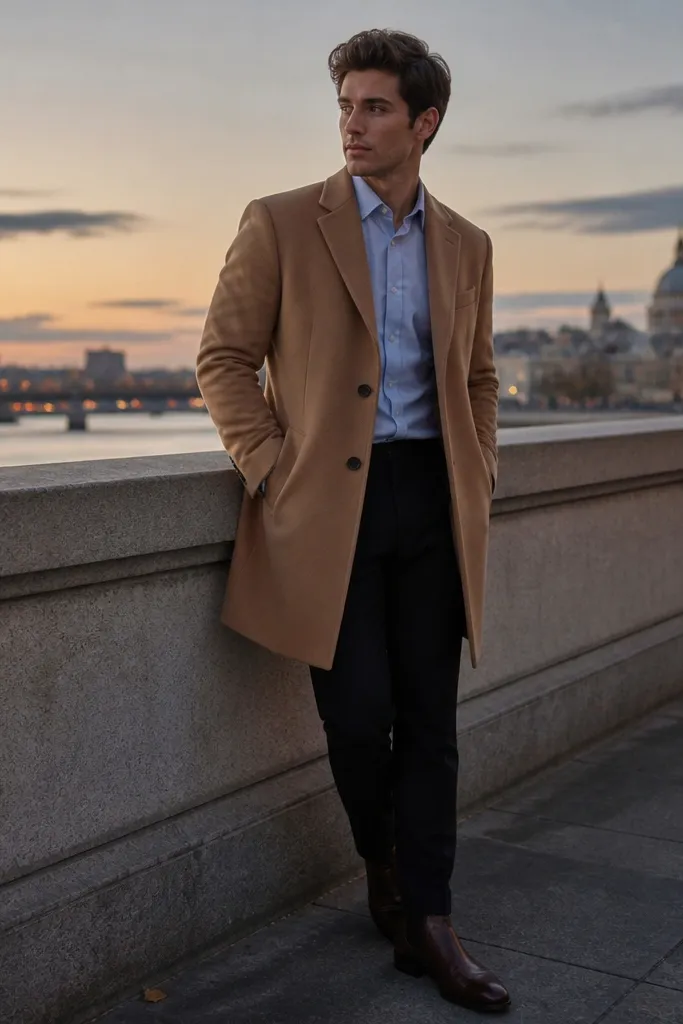 Black trousers with a camel overcoat, light blue dress shirt with a spread collar, and dark brown leather boots; the coat falls to mid-thigh and the scene is outside at dusk.