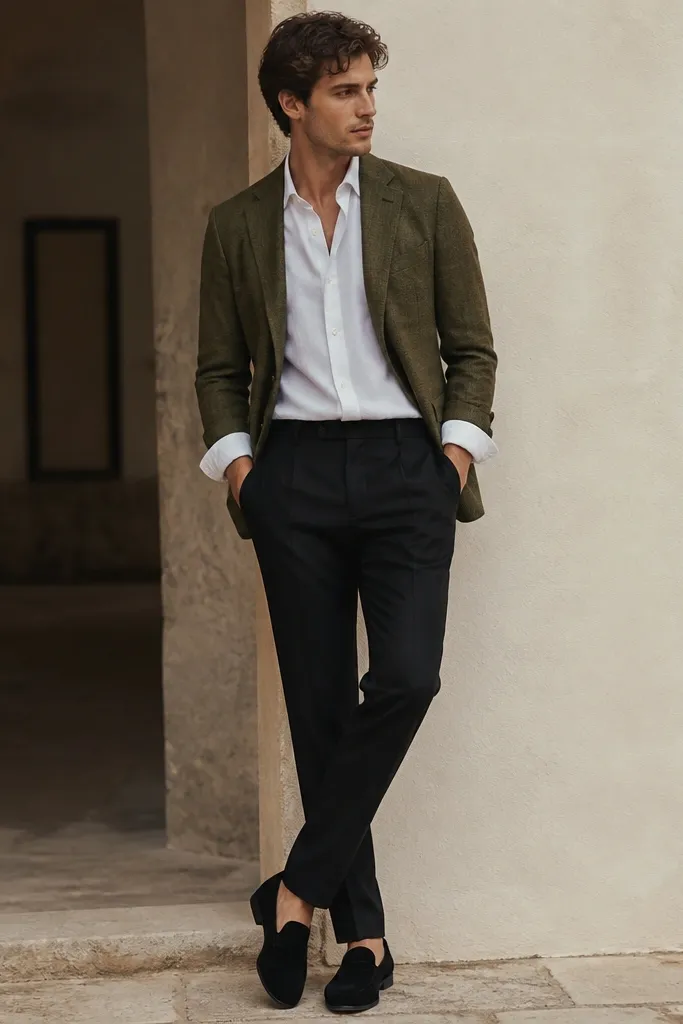 Black trousers paired with an olive textured blazer and a white chambray shirt; sleeves are slightly rolled, and the shoes are black suede loafers.