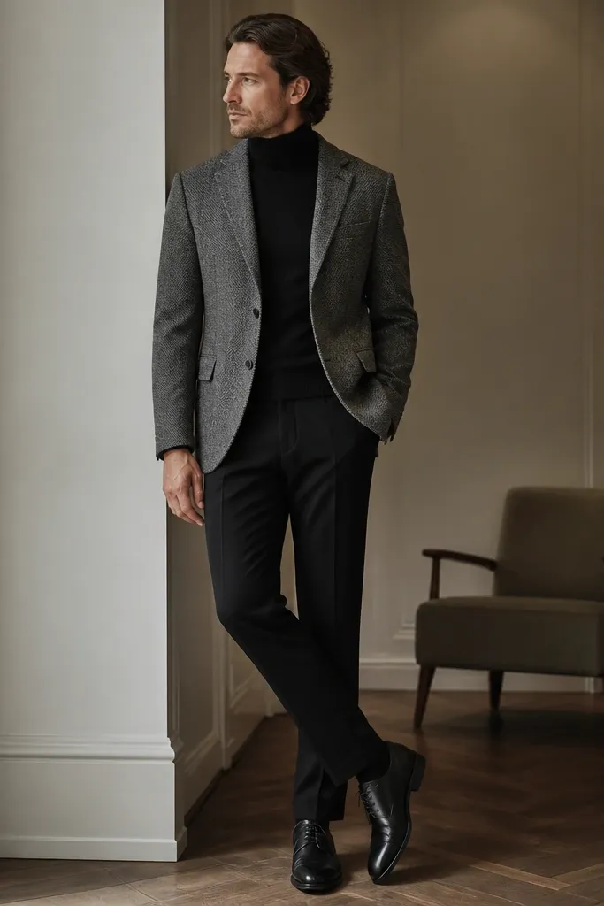 Black trousers with a grey tweed blazer over a black turtleneck; black leather lace-ups; the outfit is photographed indoors with soft overhead lighting.