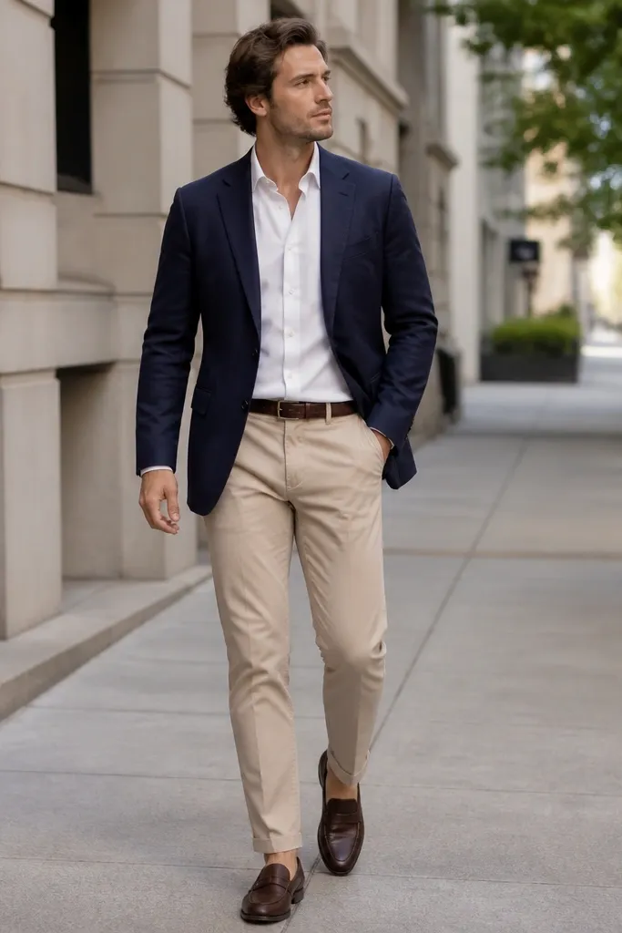 Light khaki chinos worn with a navy blazer, a white poplin button-down, and dark brown leather loafers; belt matches the loafers; the background is a city sidewalk.