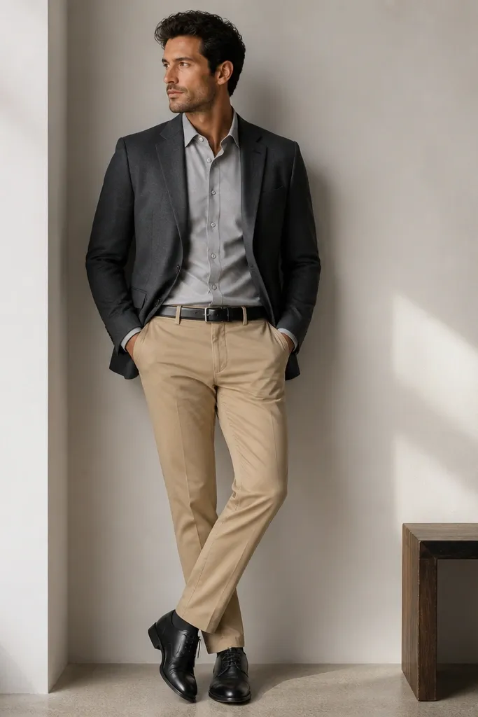 Medium tan chinos with a charcoal blazer, light grey button-down shirt, and black leather lace-up shoes; belt is the same shade as the shoes.