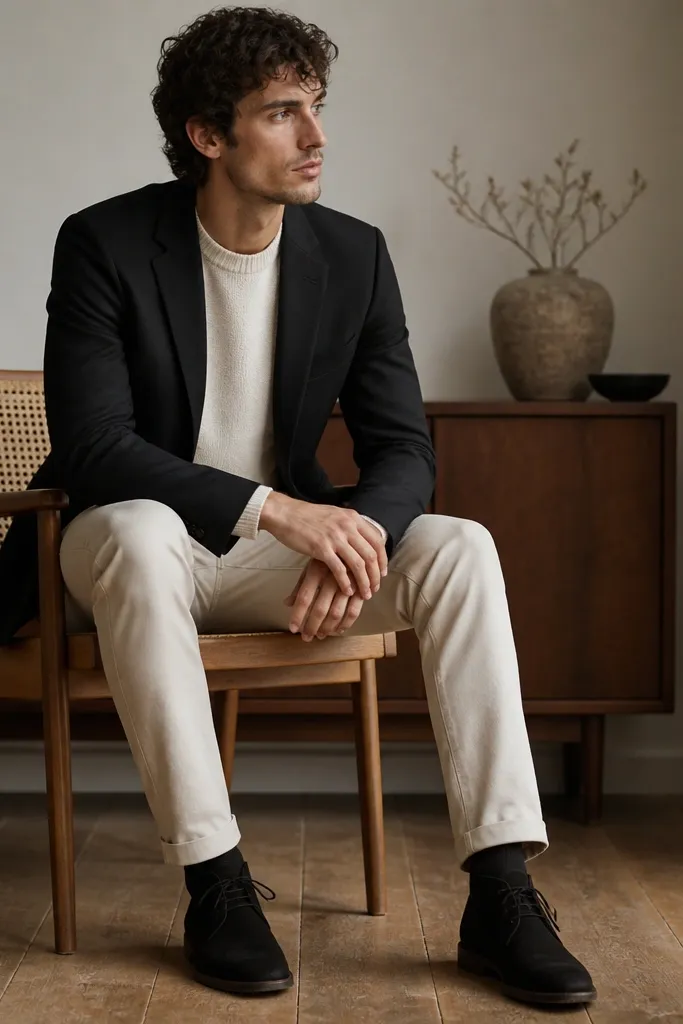 Cream chinos with a black blazer, a cream knit shirt with a crew neck, and black suede desert boots; indoor lighting shows the knit texture.