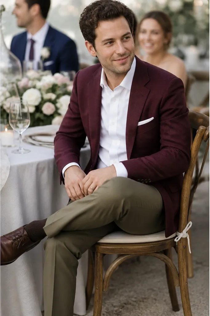 Olive or sand chinos with a burgundy sport coat, white Oxford shirt, and dark brown leather oxford shoes; the scene is at a wedding reception table.