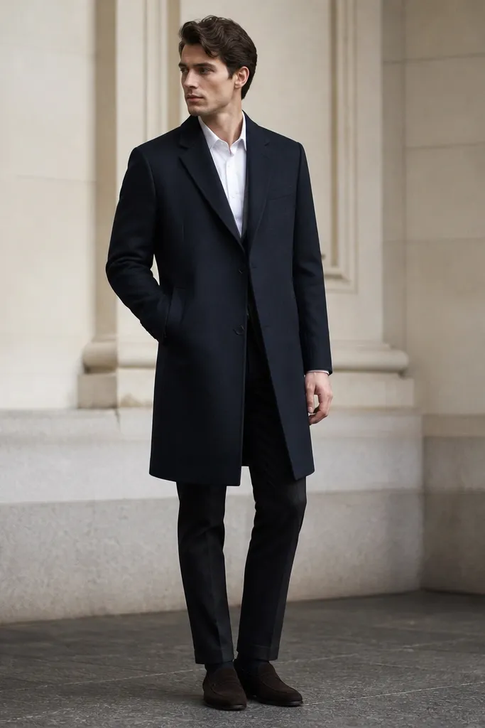 Dark chinos with a navy overcoat, a white dress shirt visible at the collar, and dark loafers; the photo shows the overcoat length and the clean shoulder line.