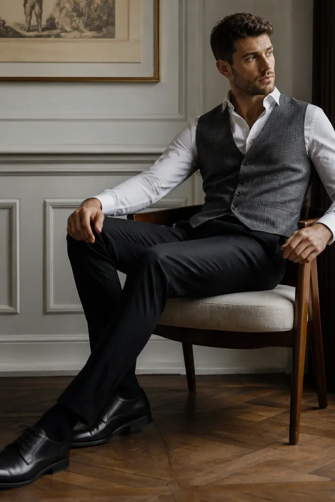 Black trousers with a grey waistcoat over a white dress shirt, jacket off or open, and black leather lace-ups; the vest has a subtle pattern.