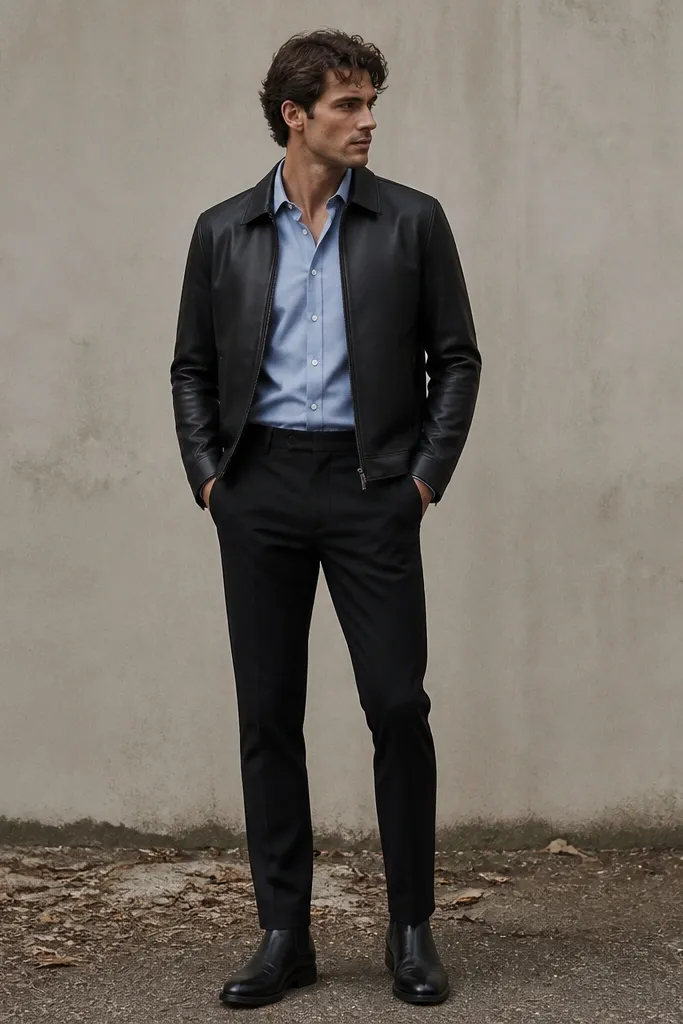 Black trousers with a light blue dress shirt under a black leather jacket, black boots, and a clean belt line; the leather has a matte finish.