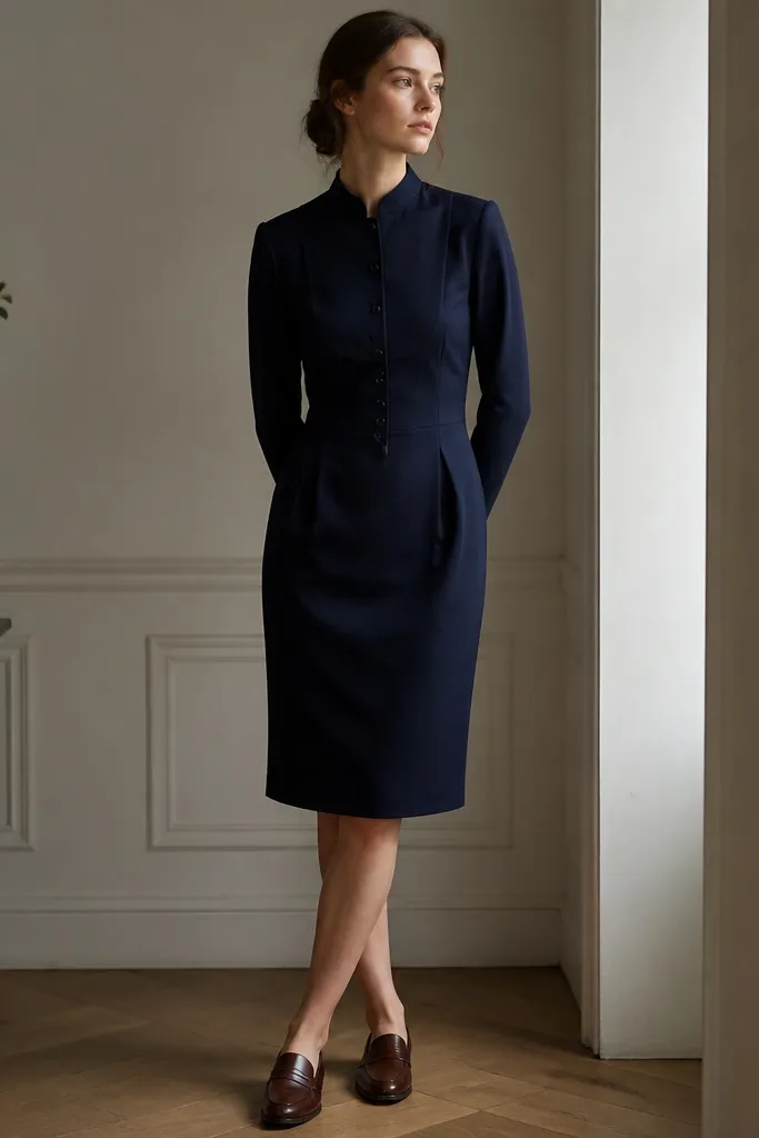 A deep navy, buttoned-front formal one-piece with a slim bib-like panel across the chest, long sleeves, and a tapered skirt length to mid-knee; styled with dark brown loafers.