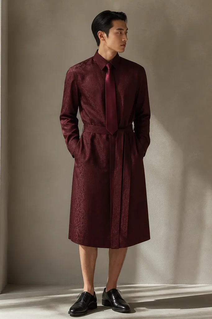 A burgundy jacquard shirt-dress for men with a subtle raised pattern, hidden button placket, long sleeves, and a belted waist; shown with black dress shoes and a burgundy satin tie.