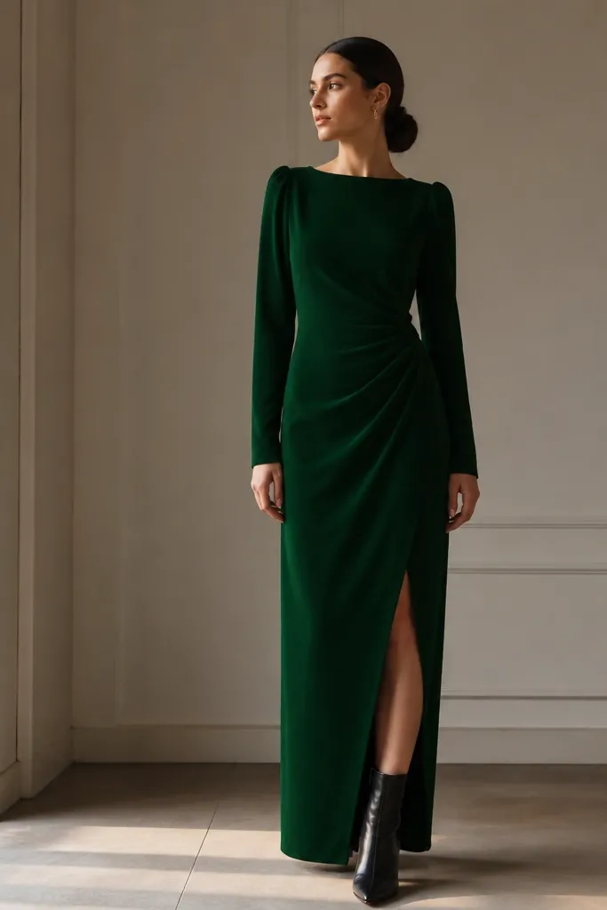 An emerald green maxi formal dress with a straight hem, a controlled side slit, long sleeves, and a modest neckline; paired with black leather ankle boots.