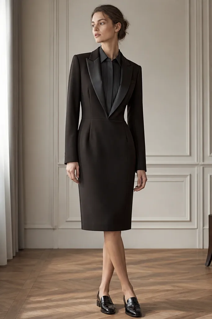 A black-brown formal dress with a tuxedo-inspired front, contrast satin lapel, a structured collar, and a knee-length hem; styled with black patent dress shoes.