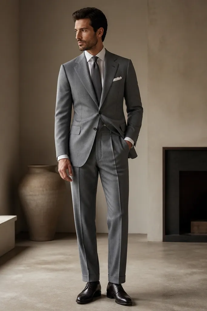 A stone grey formal dress with crisp knife pleats at the front, long sleeves, and a tailored waist; shown with white pocket square and dark charcoal dress shoes.