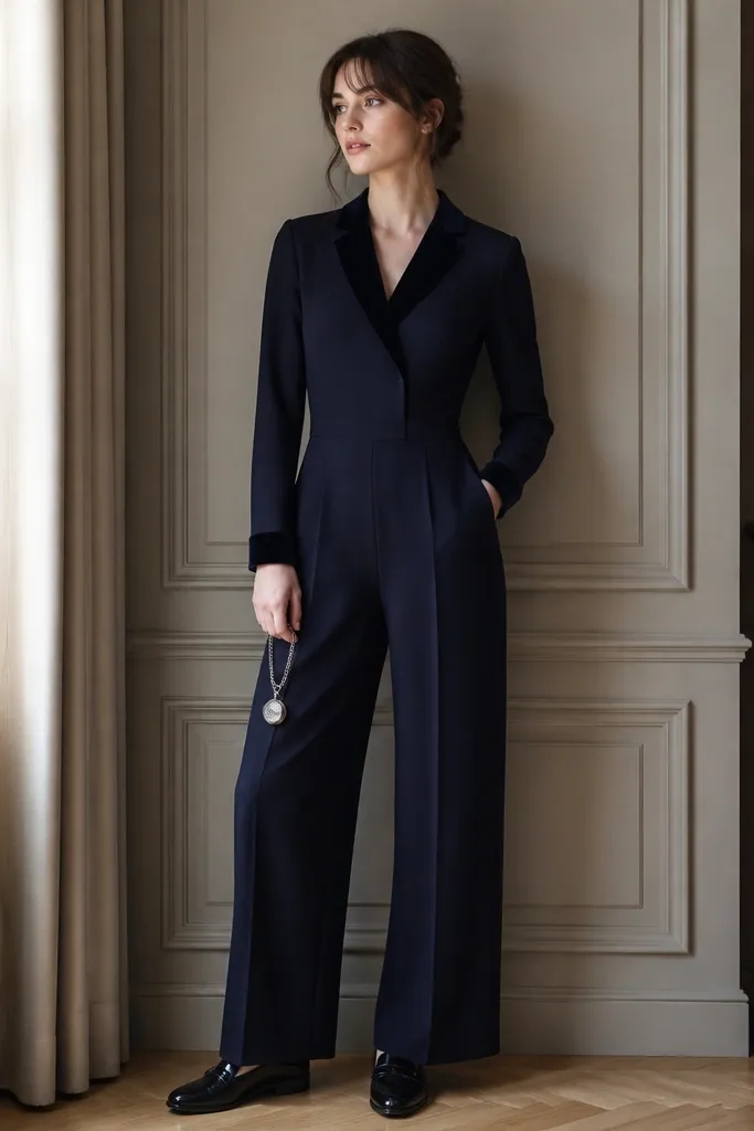 A navy formal one-piece with a velvet collar and cuffs, smooth outer body fabric, long sleeves, and a fitted waist; styled with silver chain watch and black loafers.