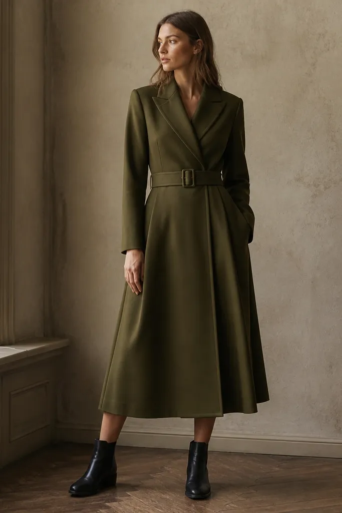An olive green coat-dress with a wrap front, long sleeves, a wide belt, and a slightly longer hem near mid-calf; paired with black Chelsea boots.