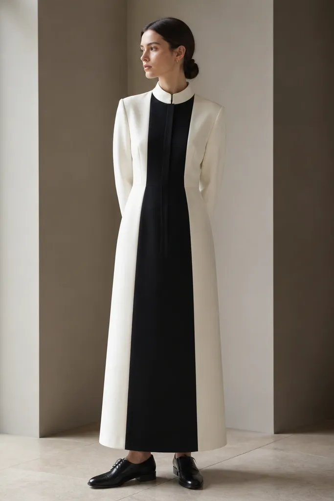 A white and black formal dress with vertical two-tone panels, a straight cut from waist to hem, long sleeves, and a small stand collar; styled with black dress shoes.