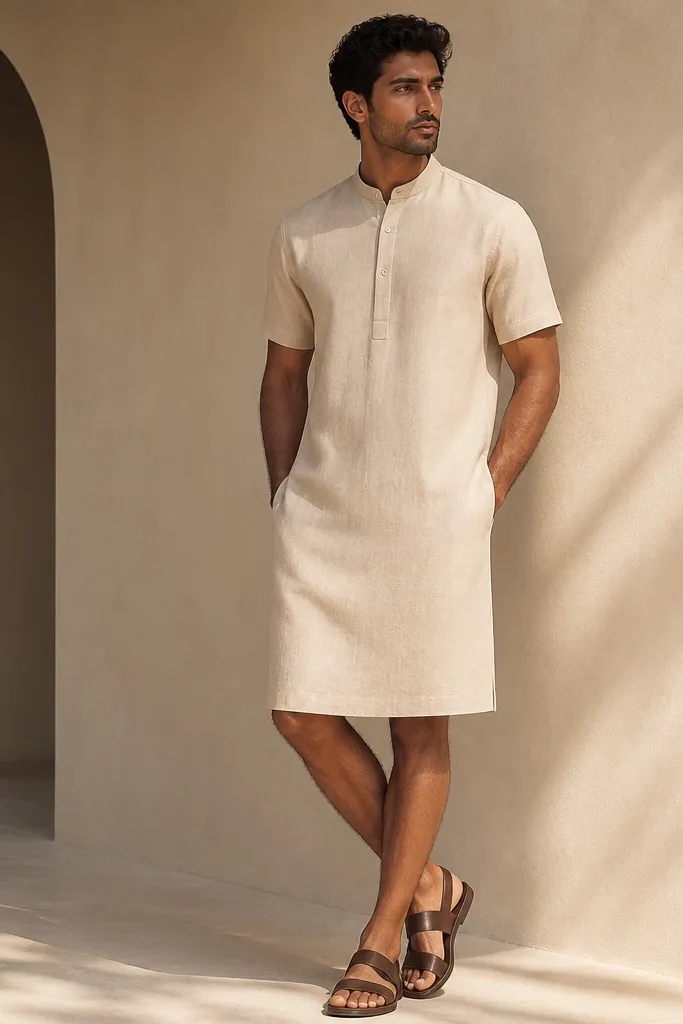 A sand beige linen blend formal dress with a flat front, minimal buttons, short stand collar, and a knee-length hem; paired with dark brown leather sandals.