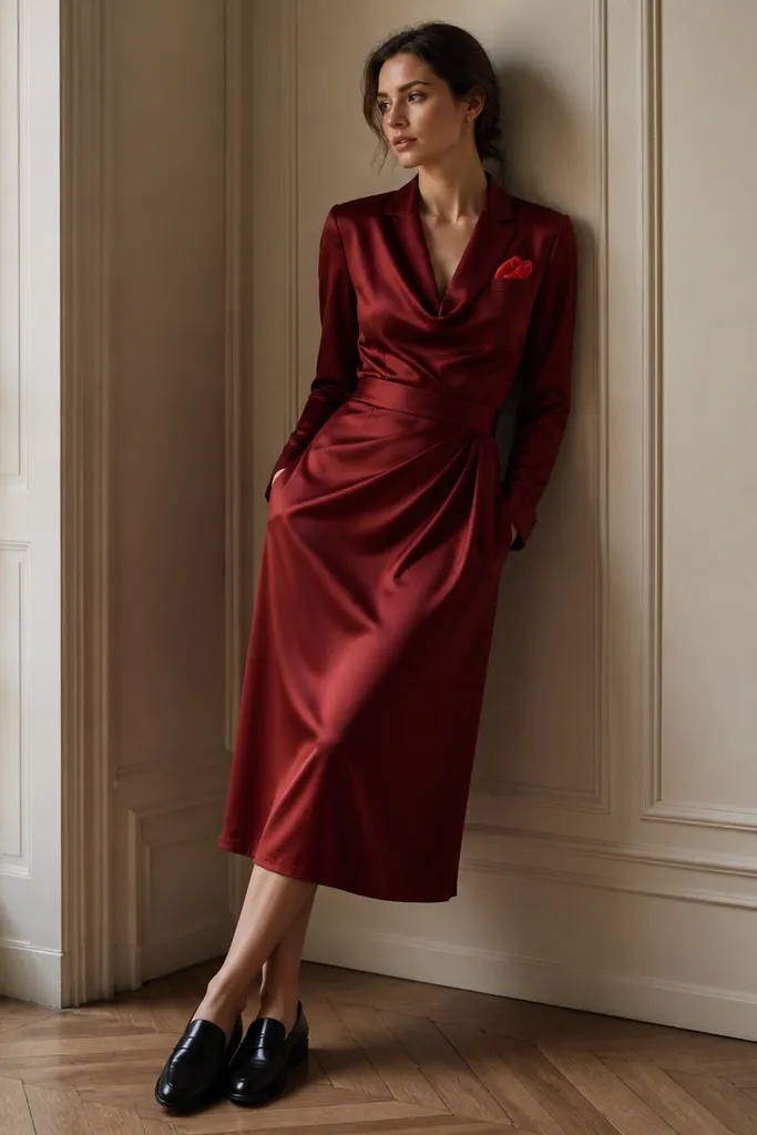 A deep red satin midi dress with a draped collar, long sleeves, and a tailored waist; styled with black loafers and a folded red pocket square.