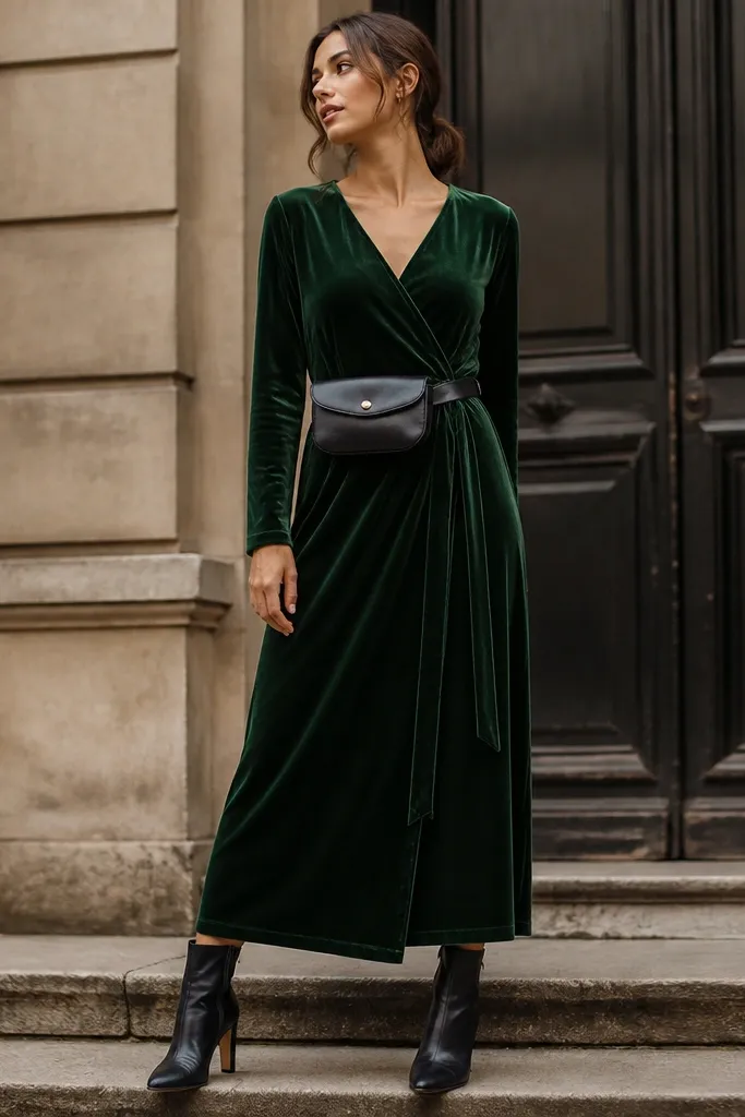 A deep forest green velvet wrap dress with a V-neck, long tie ends hanging down the front, long sleeves, and a skirt that falls straight with a slight A shape; the model wears black heeled ankle boots and a dark leather belt bag.