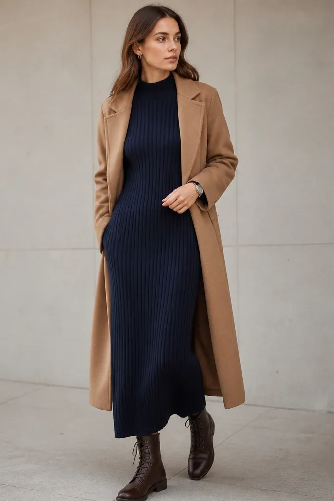 A navy rib-knit long-sleeve column dress with a mock neck, smooth vertical ribbing, and a straight hem; the model pairs it with tan wool overcoat, dark brown lace-up boots, and a simple silver watch.