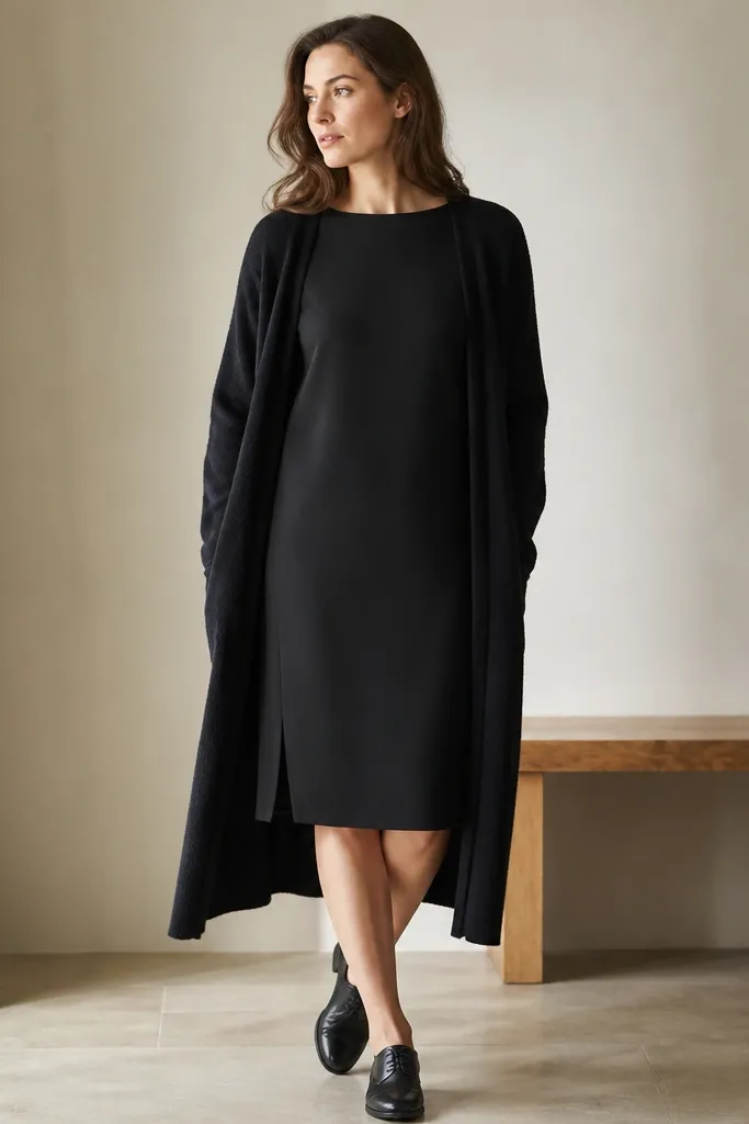 A black crepe shift dress with a matte front and subtle satin-back sheen visible under light, long sleeves, and two small side slits near the hem; paired with black dress shoes and a long wool cardigan.