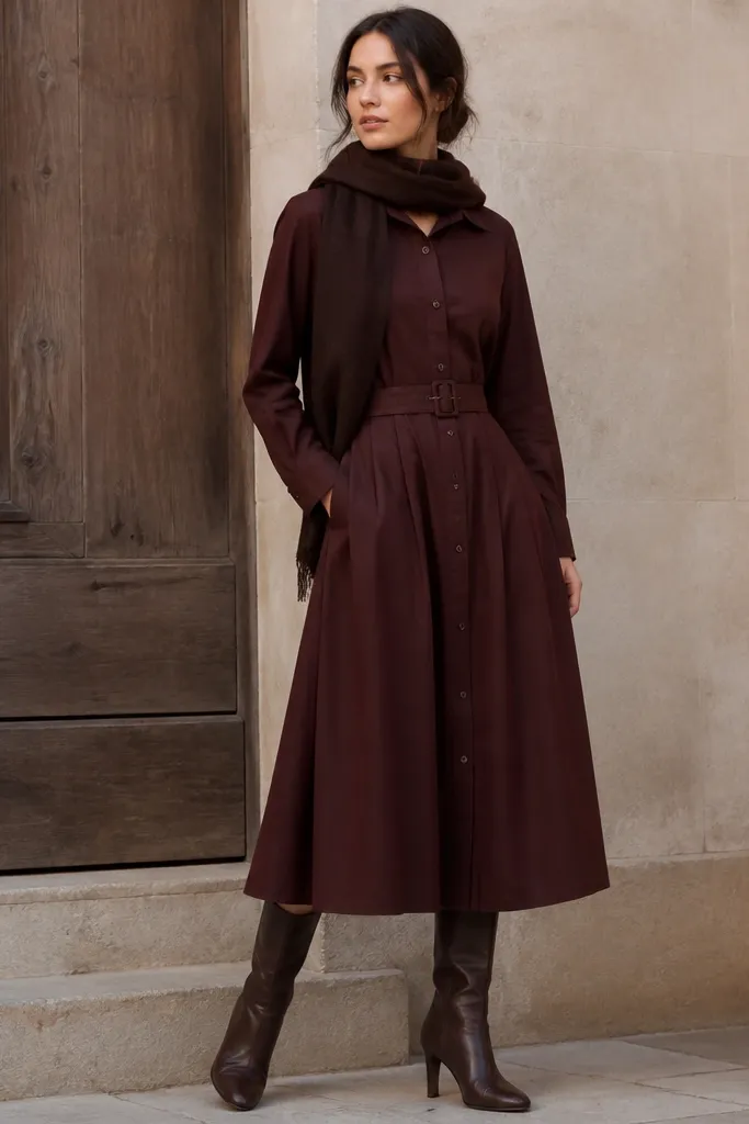 An oxblood red-brown button-front dress with a shirt collar, long sleeves, a defined waist belt, and a midi length; the model wears dark leather boots and a matching wool scarf.