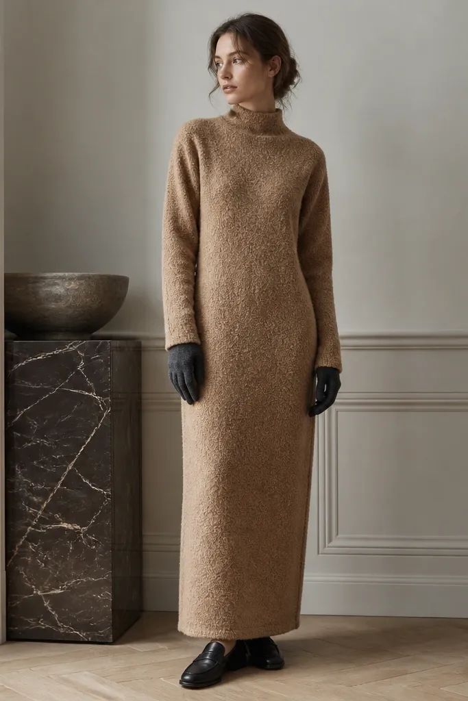 A camel boucle longline dress with a high neckline, textured boucle surface, long sleeves, and a straight hem; the model wears dark charcoal gloves and black leather loafers.