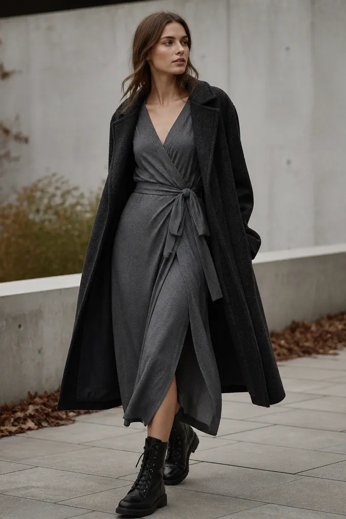 A slate gray jersey wrap dress with a V-neck, long sleeves with slightly extended cuffs, and a wrap tie at the waist; the model wears a charcoal overcoat and black lace-up boots.