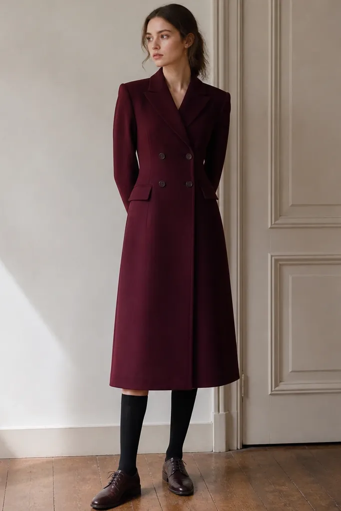 A burgundy dress that looks like an overcoat: double-button front, structured shoulders, long sleeves, and a midi hem; paired with black knee-high socks and dark brown oxford shoes.