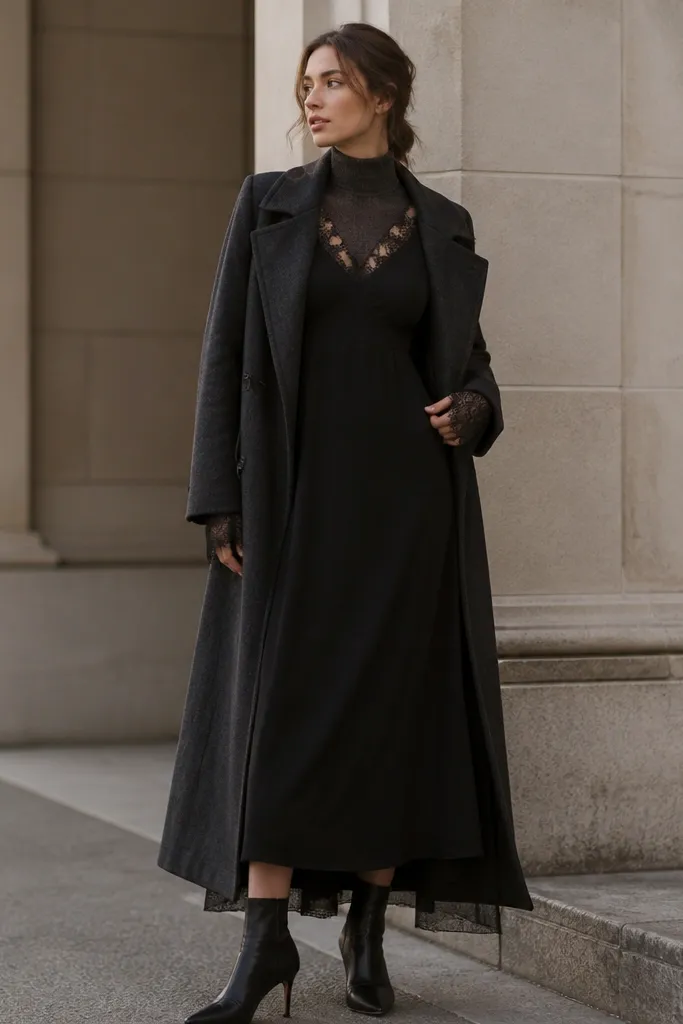 A black dress with long sleeves and lace trim on the neckline and cuffs, worn over a visible dark wool underlayer; paired with black heeled ankle boots and a long wool coat.