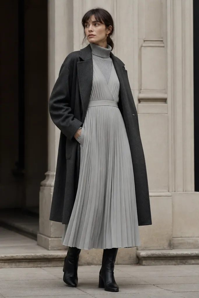A light gray pleated midi dress worn with a thick knit turtleneck underneath, creating a layered neckline; the model wears black boots and a charcoal topcoat.