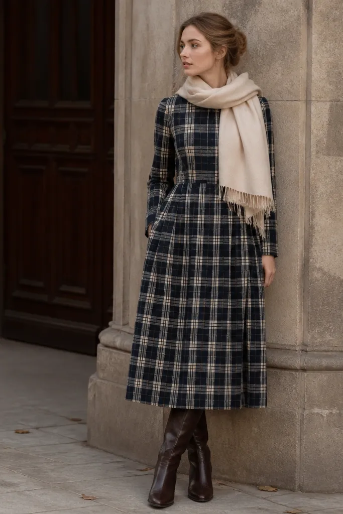 A navy and cream check wool dress with long sleeves, a high waist seam, and a skirt that falls to mid-calf; paired with dark brown boots and a cream scarf.