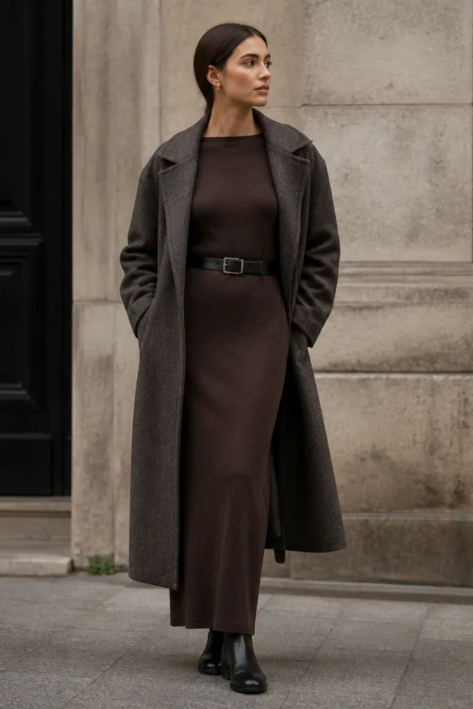 A chocolate brown smooth knit long dress with a straight silhouette, subtle belt loop detail at the waist, and long sleeves; the model wears a black belt, black Chelsea boots, and a wool overcoat.
