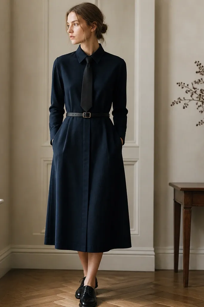 A dark navy long-sleeve shirt-dress with a defined waist seam, matte wool texture, and a narrow spread collar. A black grenadine tie with a slightly pebbled weave sits centered, knotted neatly. The outfit is styled with polished black leather lace-up shoes and a slim belt.