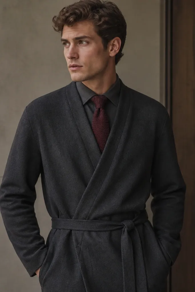 A charcoal gray wrap-style dress with a V-neck that crosses at the front and has a belt tie at the waist. The fabric looks thick and slightly textured. A deep burgundy knit tie with visible yarn loops sits neatly in the V.