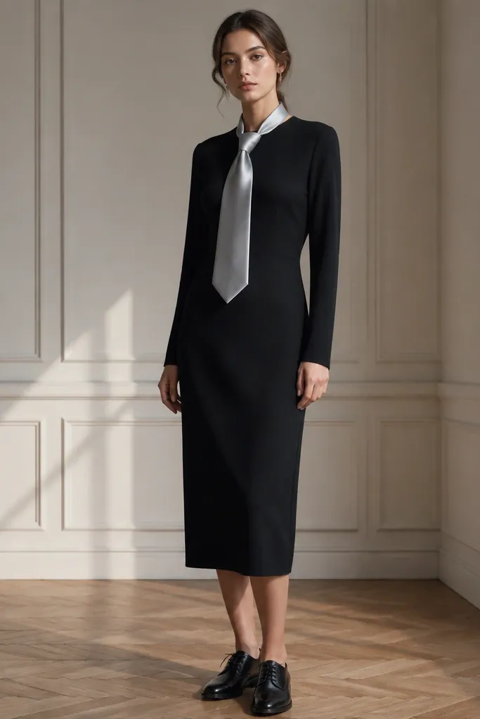 A black crepe sheath dress with a clean crew or low V neck, long sleeves, and a straight, tailored silhouette. The fabric is matte with a soft grain. A light silver silk tie with a subtle sheen is knotted at the center, paired with black dress shoes.