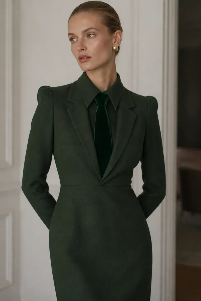 A forest green dress with a suit-like front, structured shoulders, and a subtle seam at the waist. The fabric looks like wool suiting, not jersey. A dark emerald velvet tie with a short pile sits neatly, with the knot centered and slightly larger.