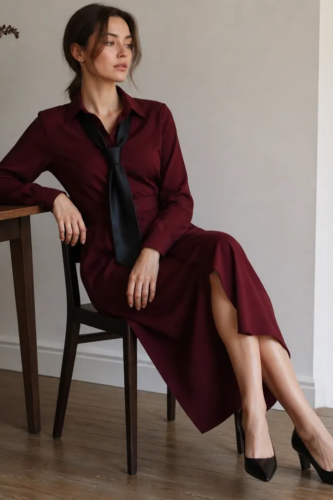 A burgundy midi shirt-dress with long sleeves, a crisp collar, and a button front that sits slightly open at the top. The waist is subtly shaped. A black satin tie with a smooth shine is knotted neatly, and the outfit includes black pointed-toe shoes.